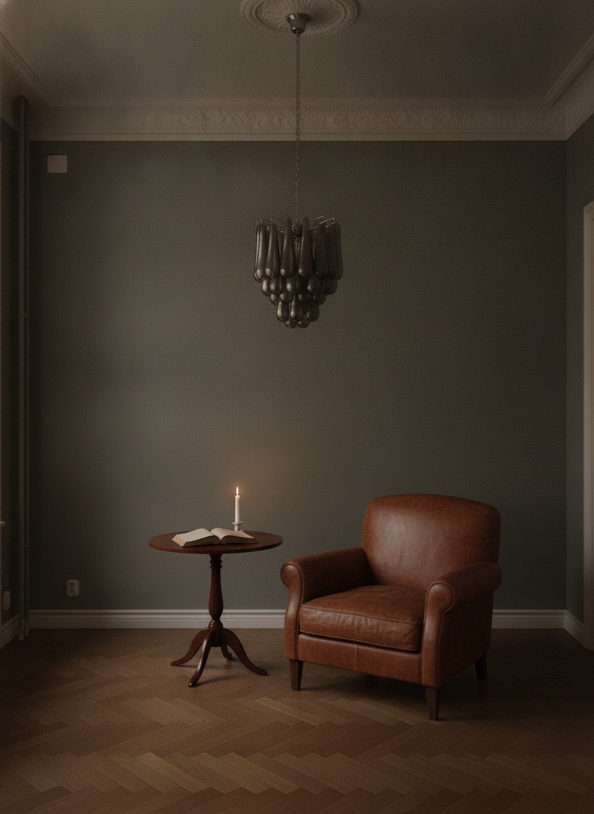 Handblown smoked Murano drop chandelier in a Stockholm apartment living room