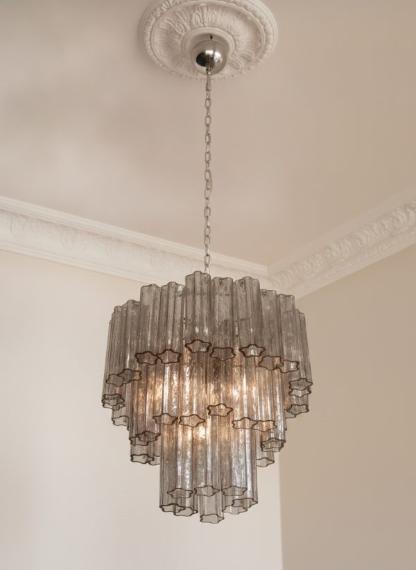 Handblown Smoked Murano Tubular Chandelier – 48 Glass Prisms