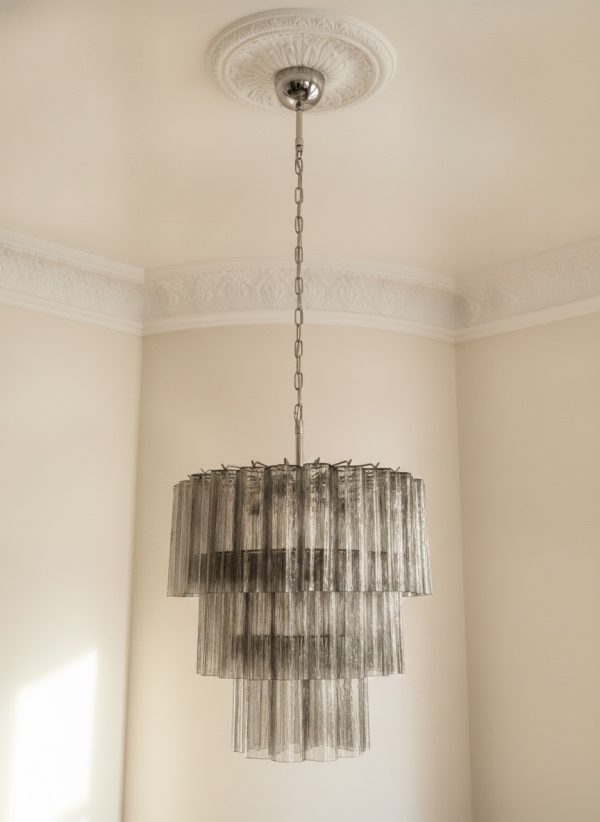 Handblown Smoked Murano Tubular Chandelier – 52 Glass Prisms