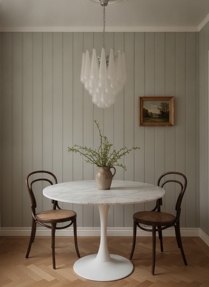 Handblown transparent Murano drop chandelier over a dining table