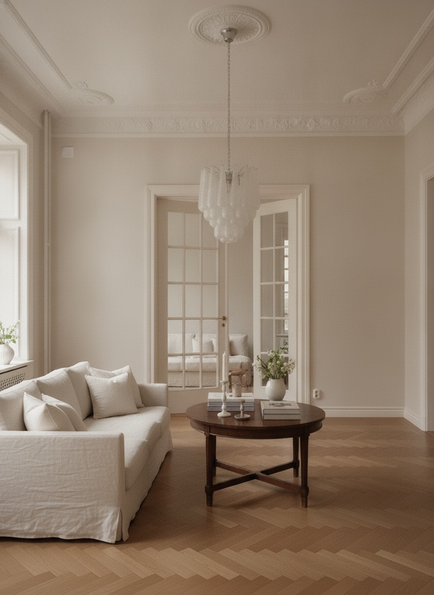 Handblown transparent Murano drop chandelier in a Stockholm apartment living room