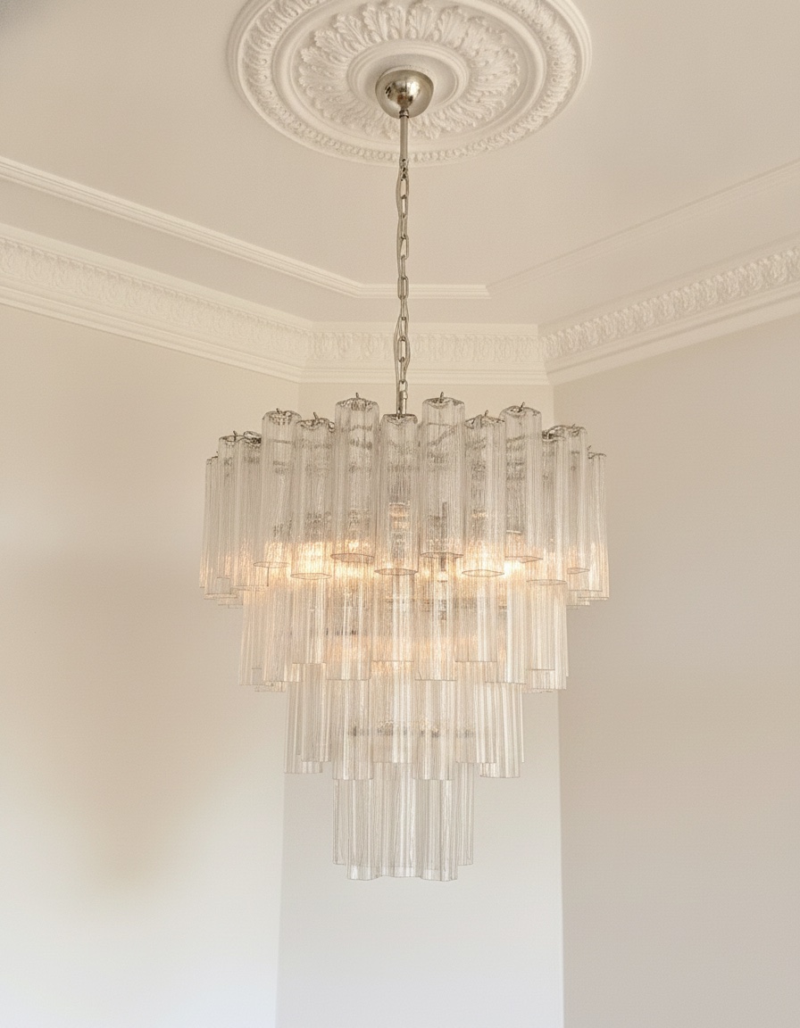 Handblown transparent Murano tiered chandelier, 80 glasses