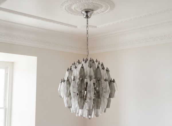 Handblown Transparent & Smoked Murano Poliedri Chandelier – 140 Poliedri Glass
