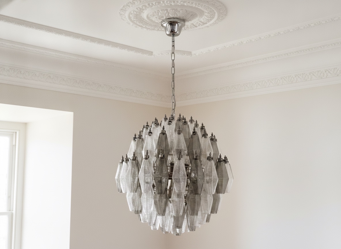 Handblown Transparent & Smoked Murano Poliedri Chandelier – 140 Poliedri Glass