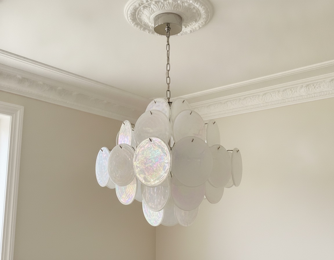 White Murano Disks Chandelier – 36 Glass Discs — handblown Murano glass, made to order in Italy