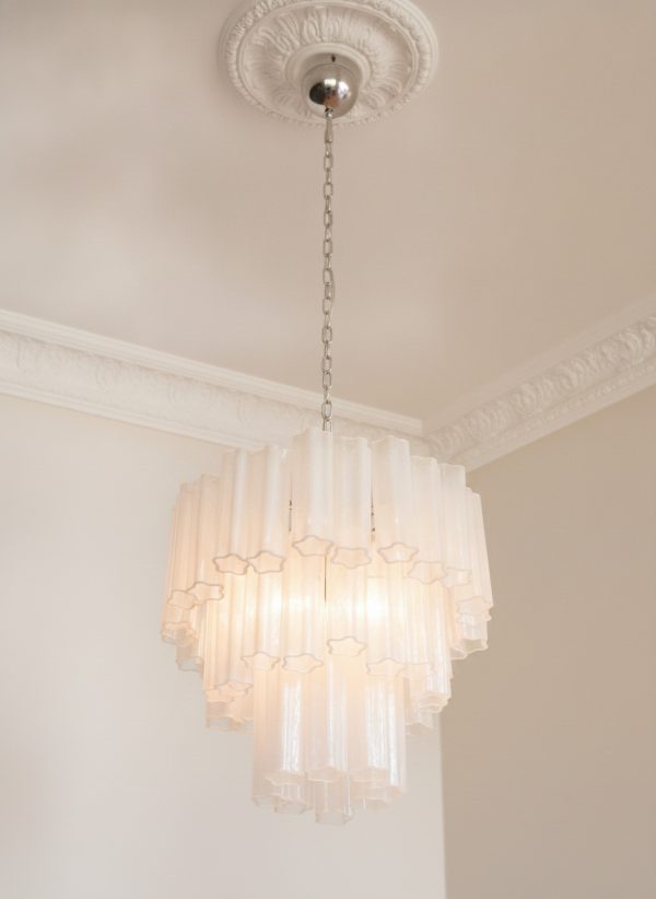 Matte White Murano Tubular Chandelier – 48 Glass Prisms — handblown Murano glass, made to order in Italy