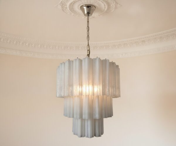 Matte White Murano Tubular Chandelier – 52 Glass Prisms — handblown Murano glass, made to order in Italy