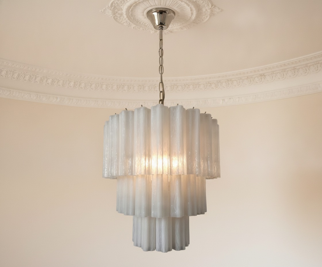 Matte White Murano Tubular Chandelier – 52 Glass Prisms — handblown Murano glass, made to order in Italy