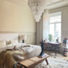 White Murano Petal Chandelier – 83 Glass Petals in a Stockholm bedroom