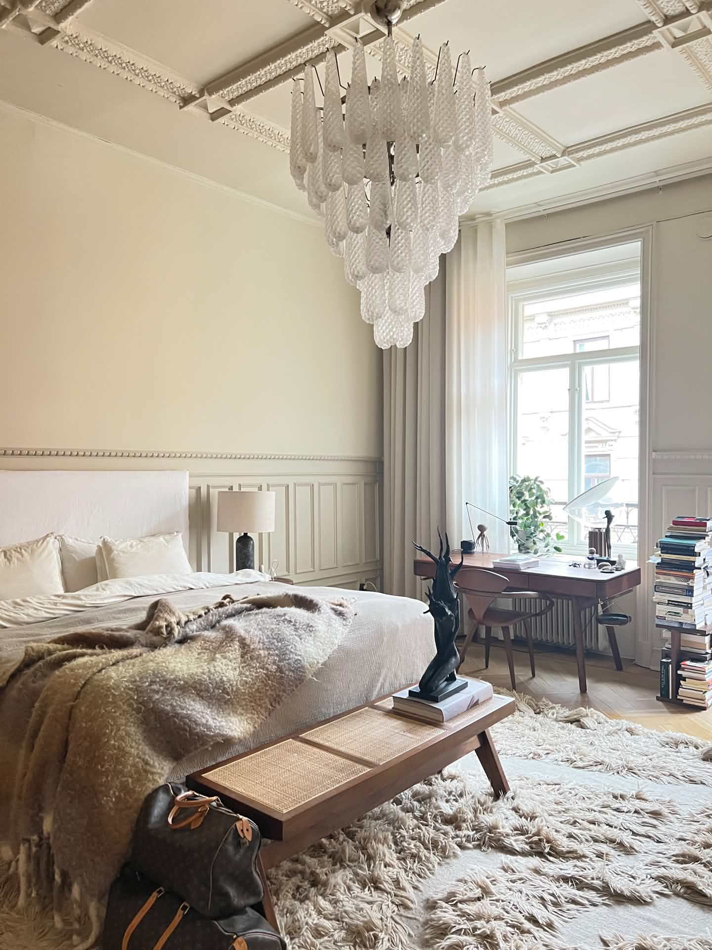 White Murano Petal Chandelier – 83 Glass Petals in a Stockholm bedroom