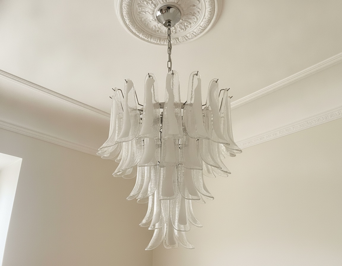 Transparent Murano Petal Chandelier – 52 Glass Petals under an ornate ceiling rose